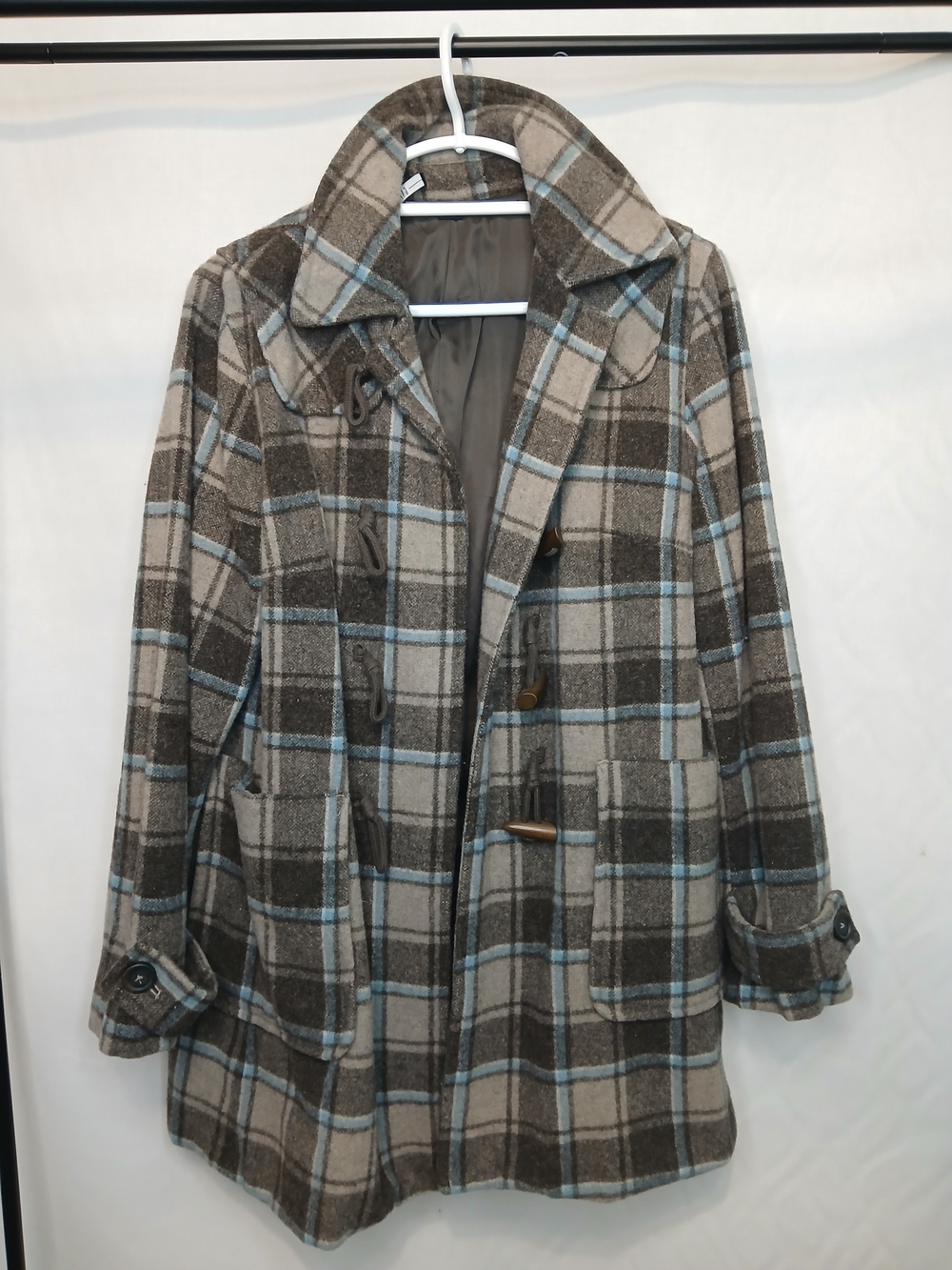 GAP Plaid Toggle-Front Wool Blend Women's Coat - Gray & Blue
